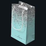 Aqua Blue Teal Silver Glitter Monogram Small Gift Bag<br><div class="desc">Aqua Blue - Teal and Silver Glitter Script Monogram Name Gift Bag. This makes the perfect sweet 16 birthday,  wedding,  bridal shower,  anniversary,  baby shower or bachelorette party gift bag for someone that loves glam luxury and chic styles.</div>