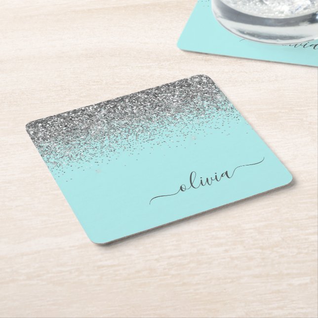 Aqua Blue Teal Silver Glitter Monogram Square Paper Coaster (Angled)