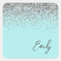 Aqua Blue Teal Silver Glitter Monogram