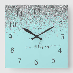 Aqua Blue Teal Silver Glitter Monogram Square Wall Clock
