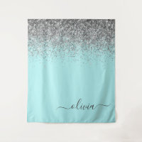 Aqua Blue Teal Silver Glitter Monogram