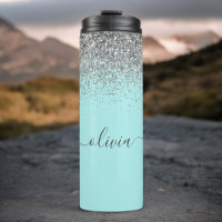 Aqua Blue Teal Silver Glitter Monogram