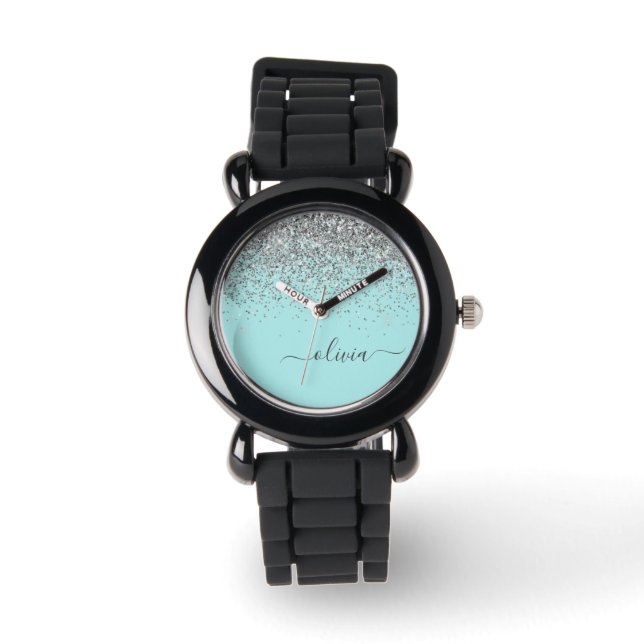 Aqua Blue Teal Silver Glitter Monogram Watch (Front)