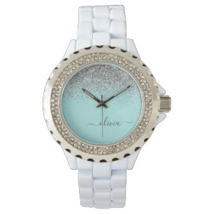 Aqua Blue Teal Silver Glitter Monogram Watch