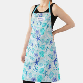 Aqua-blue-teal watercolor mixed seashell design apron