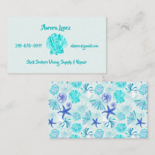 Aqua-blue-teal watercolor seashell-w/custom name business card