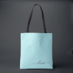 Aqua Blue Teal White Girly Script Monogram Tote Bag<br><div class="desc">Aqua Blue Teal Elegant Add Your Own Name Monogram Book Bag. This Book Bag can be customized to include your initial and first name and given as a gift for Christmas,  Sweet 16 Birthday,  Bridal Shower or a Wedding.</div>