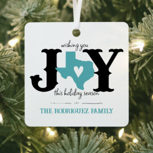 Aqua Blue Texas JOY Photo Holiday Metal Ornament