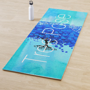 Aqua Blue Tree Pose Watercolor Abstract Yoga Mat