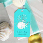 Aqua Blue Tropical Beach Christmas Gift Tags<br><div class="desc">These personalized gift tags feature a white sand dollar and 2 white starfish on glitter coral,  with an aqua blue background,  and beachy holiday message “seas & greetings.” *If you would like this design on more products or need design help,  please contact me through Zazzle Chat.</div>