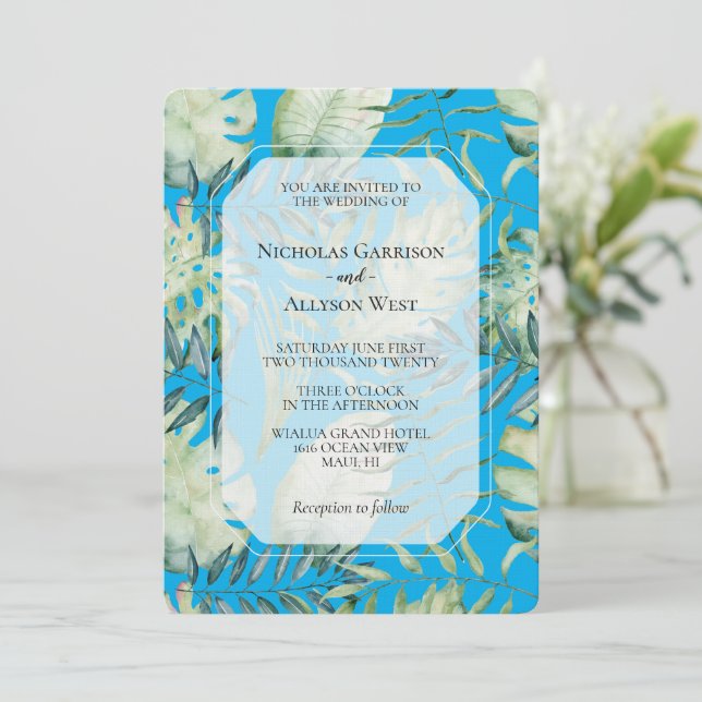 Aqua Blue Tropical Green Leaves Wedding Invitation (Standing Front)