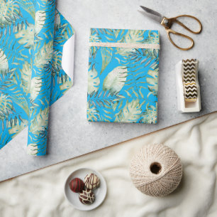 Aqua Blue Tropical Green Leaves Wrapping Paper