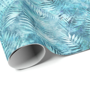 Aqua Blue Tropical Leaves Wrapping Paper