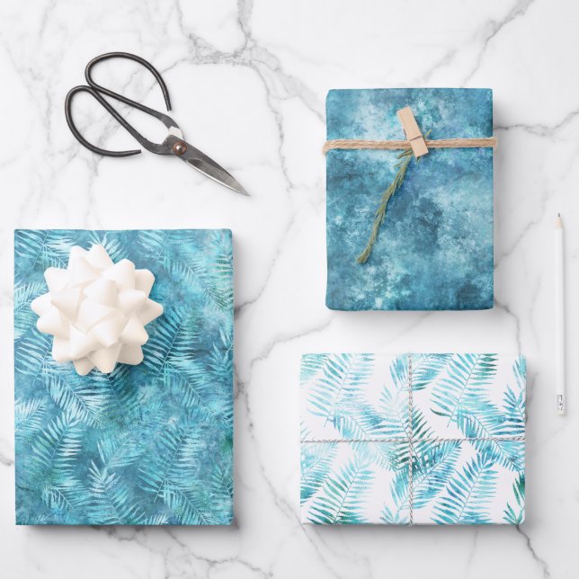 Aqua Blue Tropical Leaves           Wrapping Paper Sheet (Front)