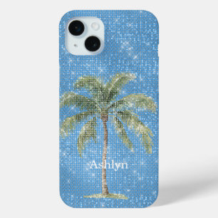 Aqua Blue Tropical Palm Tree Sparkle  iPhone 15 Mini Case