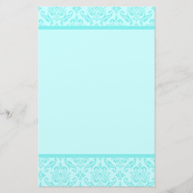 Aqua Blue Turquoise Damask Stationery (Front)