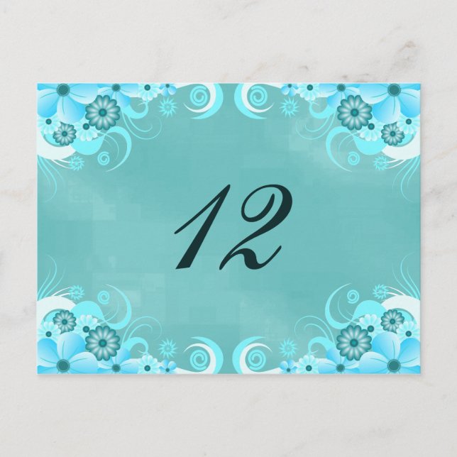 Aqua Blue Turquoise Floral Table Number Cards (Front)