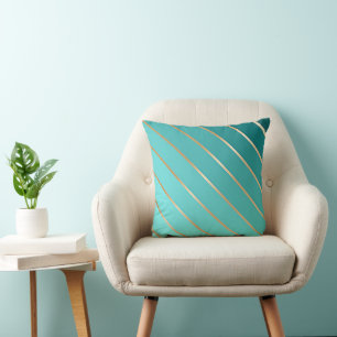 Aqua Blue Turquoise & Gold Stripe Ombre Accent Throw Pillow