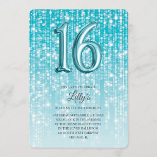 Aqua Blue Twinkle Light Foil Balloon 16th Birthday Invitation