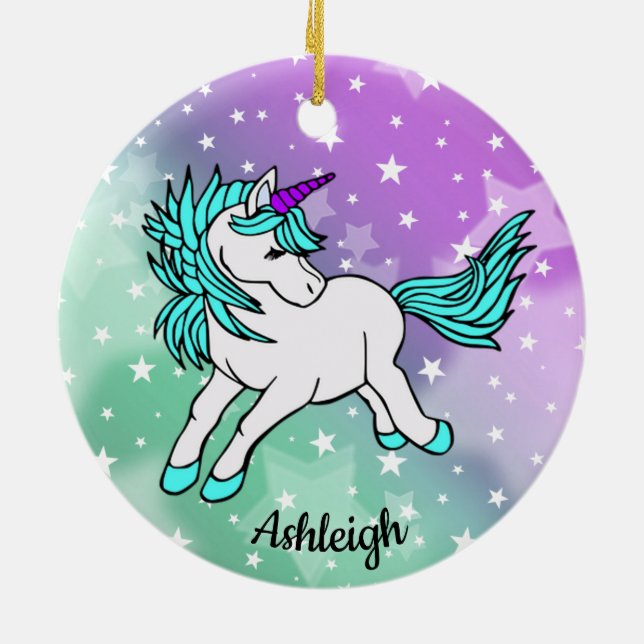 Aqua Blue Unicorn Starry Design ornement céramique (Dos)
