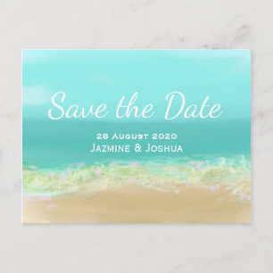 Aqua blue water/ beach seashore save the date announcement postcard