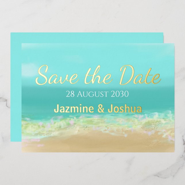 Aqua blue water/ beach seashore save the date Gold (Front/Back)