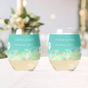 Aqua Blue Water Beach Wedding Custom Names Stemless Wine Glass