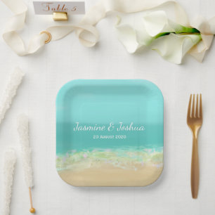 Aqua blue water/painted beach seashore  paper plate