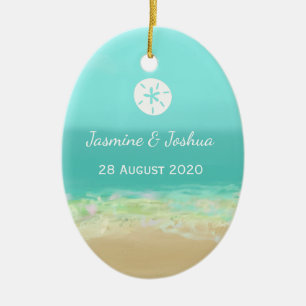 Aqua blue water/painted beach seashore personalize ceramic ornament