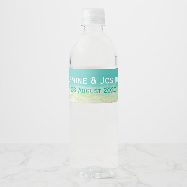 Aqua blue water/painted beach seashore personalize water bottle label (Front)