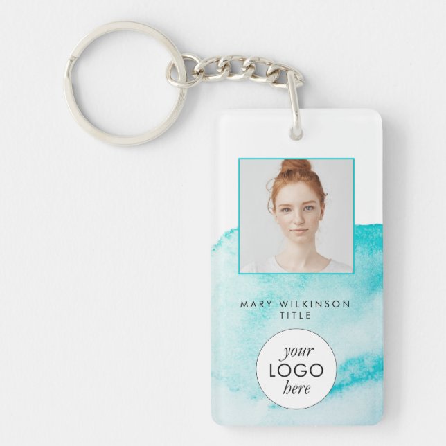 Aqua Blue Watercolor Background Badge Keychain (Front)