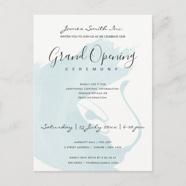 AQUA BLUE WATERCOLOR BRUSHSTROKE OPENING CEREMONY POSTCARD (Front)