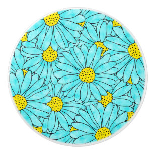 Aqua Blue Watercolor Daisy Pattern Ceramic Knob