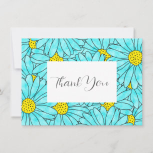 Aqua Blue Watercolor Daisy Pattern Thank You Card