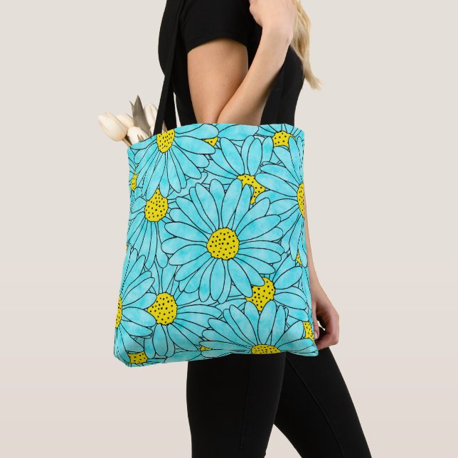 Aqua Blue Watercolor Daisy Pattern Tote Bag (Close Up)