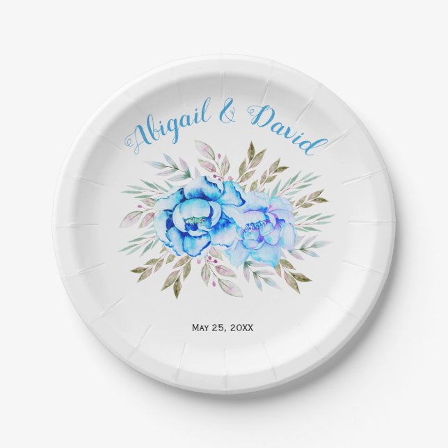 Aqua blue watercolor flowers floral wedding paper plate (Front)