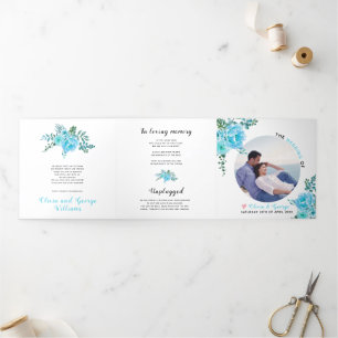 Aqua blue watercolor flowers green leaves,  photo Tri-Fold programme