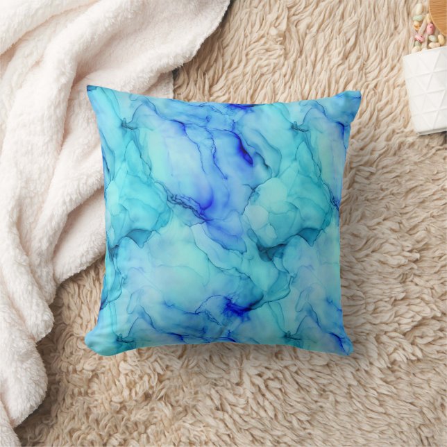 Aqua Blue Watercolor Fluid Marble Throw Pillow (Blanket)