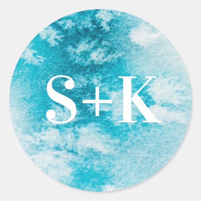 Aqua Blue watercolor Initial wedding stickers (Front)