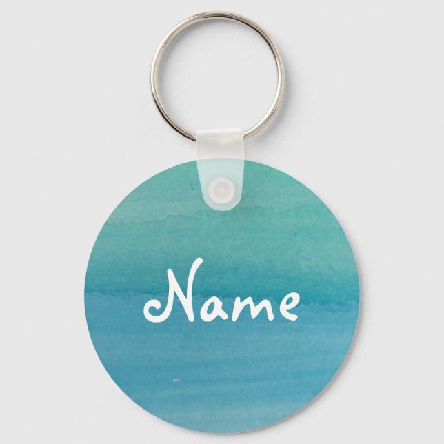 Aqua blue watercolor keychain with custom name (Front)