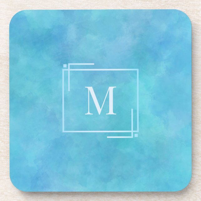Aqua Blue Watercolor Monogram Beverate Coasters (Front)