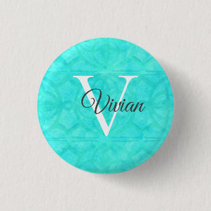 Aqua Blue Watercolor Monogram Name 1 Inch Round Button