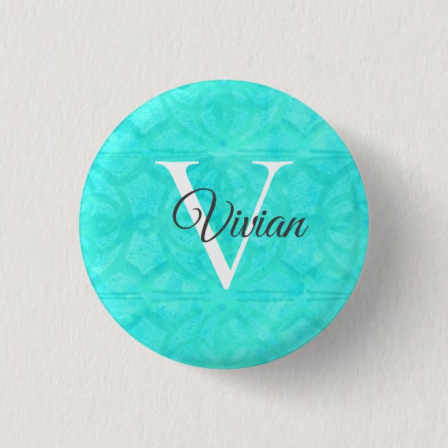 Aqua Blue Watercolor Monogram Name 1 Inch Round Button (Front)