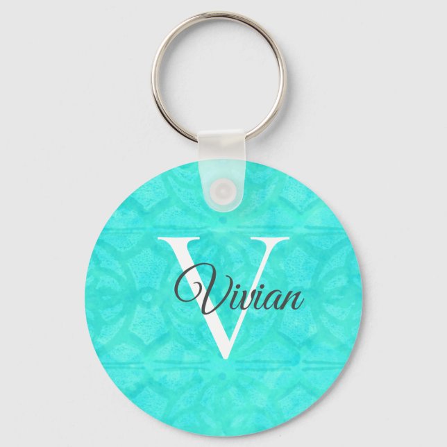 Aqua Blue Watercolor Monogram Name Keychain (Front)