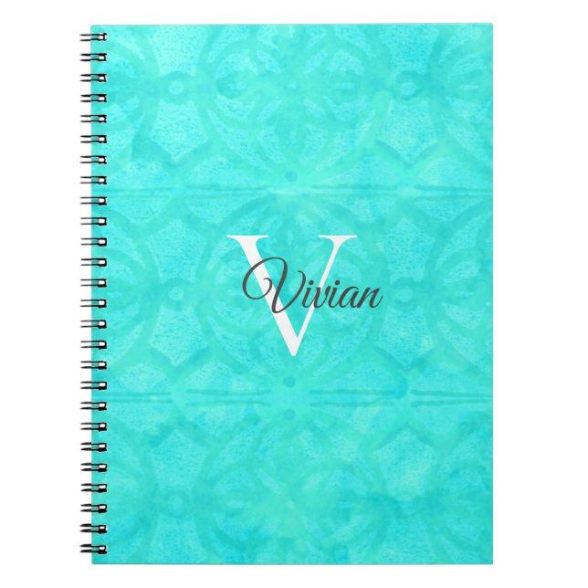 Aqua Blue Watercolor Monogram Name Notebook (Front)