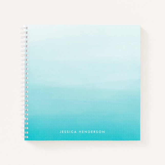 Aqua Blue Watercolor Ombre Modern Personalized Notebook (Front)