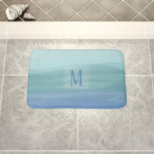 Aqua Blue Watercolor Waves Monogram Bath Mat