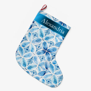 Aqua Blue White Batik Floral Christmas Name Large Christmas Stocking