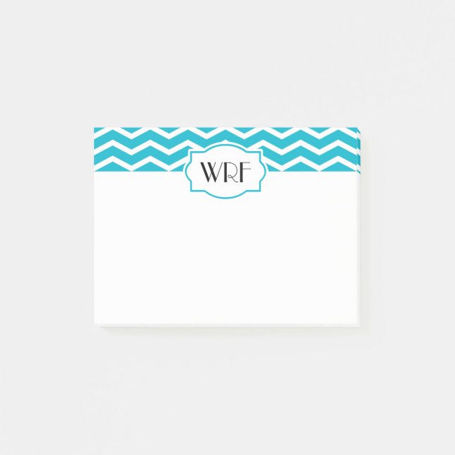 Aqua Blue White Chevron Patterned Monogrammed Post-it Notes (Front)