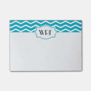 Aqua Blue White Chevron Patterned Monogrammed Post-it Notes